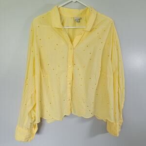 Butter Yellow Eyelet Blouse Sz XXL Cottagecore Scalloped Cropped 100% Cotton